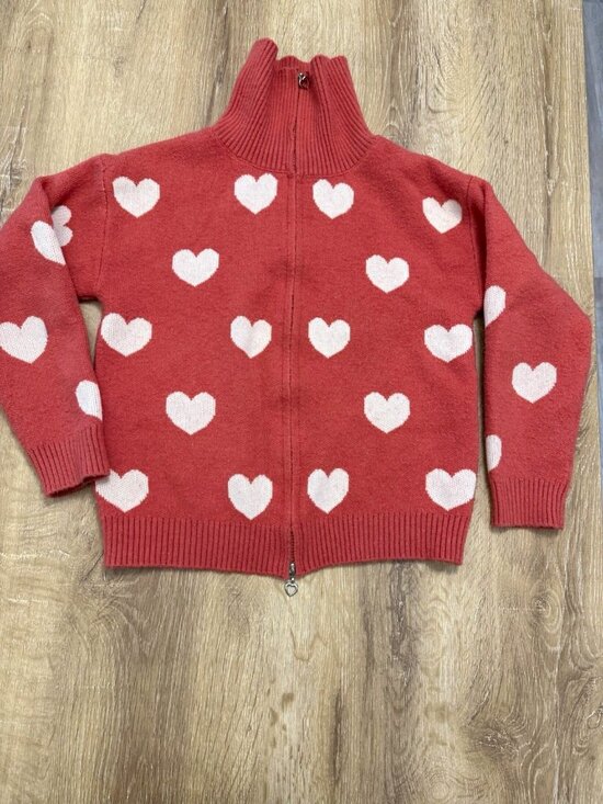 Sweet Storiez Sweaters - Sweet Storiez Girls 14 Pink/White Heart Knit Full Zip Collared Sweater